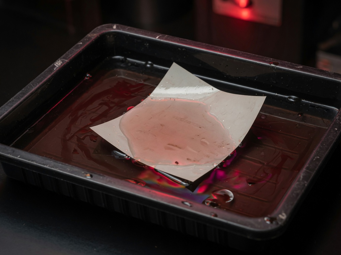 Photographic paper developing in a darkroom tray under red safelight